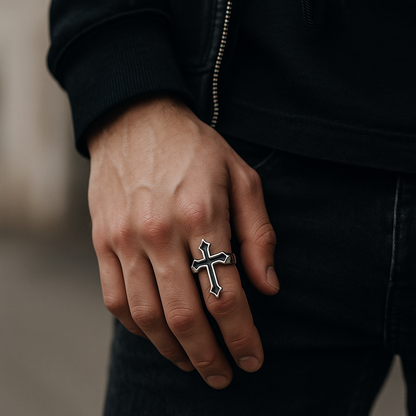 Bague Crucifix Obsidienne
