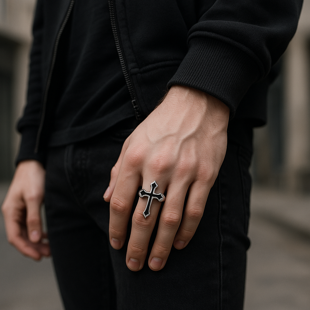 Bague Crucifix Obsidienne
