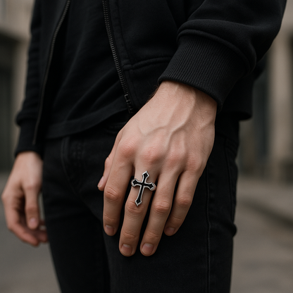 Bague Crucifix Obsidienne